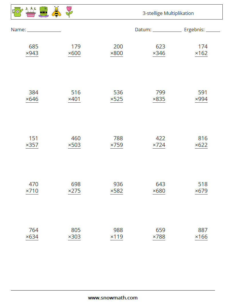 (25) 3-stellige Multiplikation Mathe-Arbeitsblätter 16