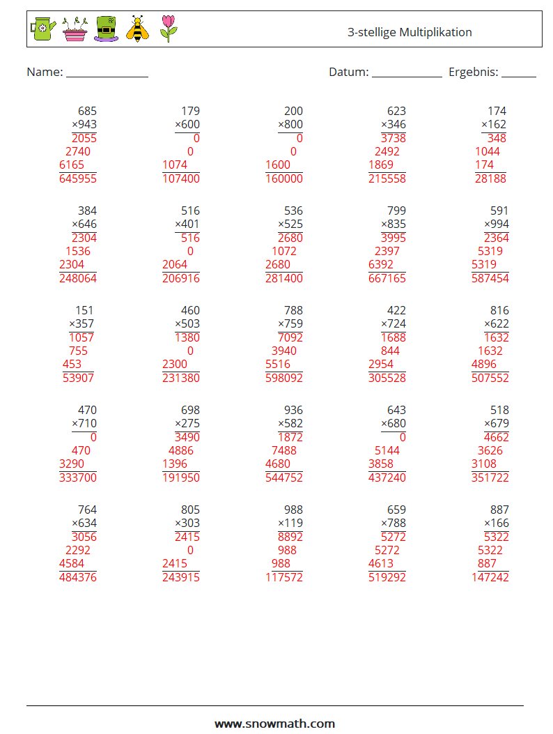 (25) 3-stellige Multiplikation Mathe-Arbeitsblätter 16 Frage, Antwort
