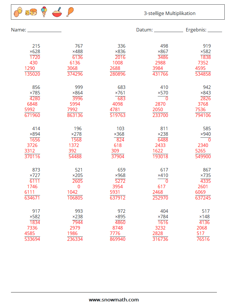 (25) 3-stellige Multiplikation Mathe-Arbeitsblätter 17 Frage, Antwort