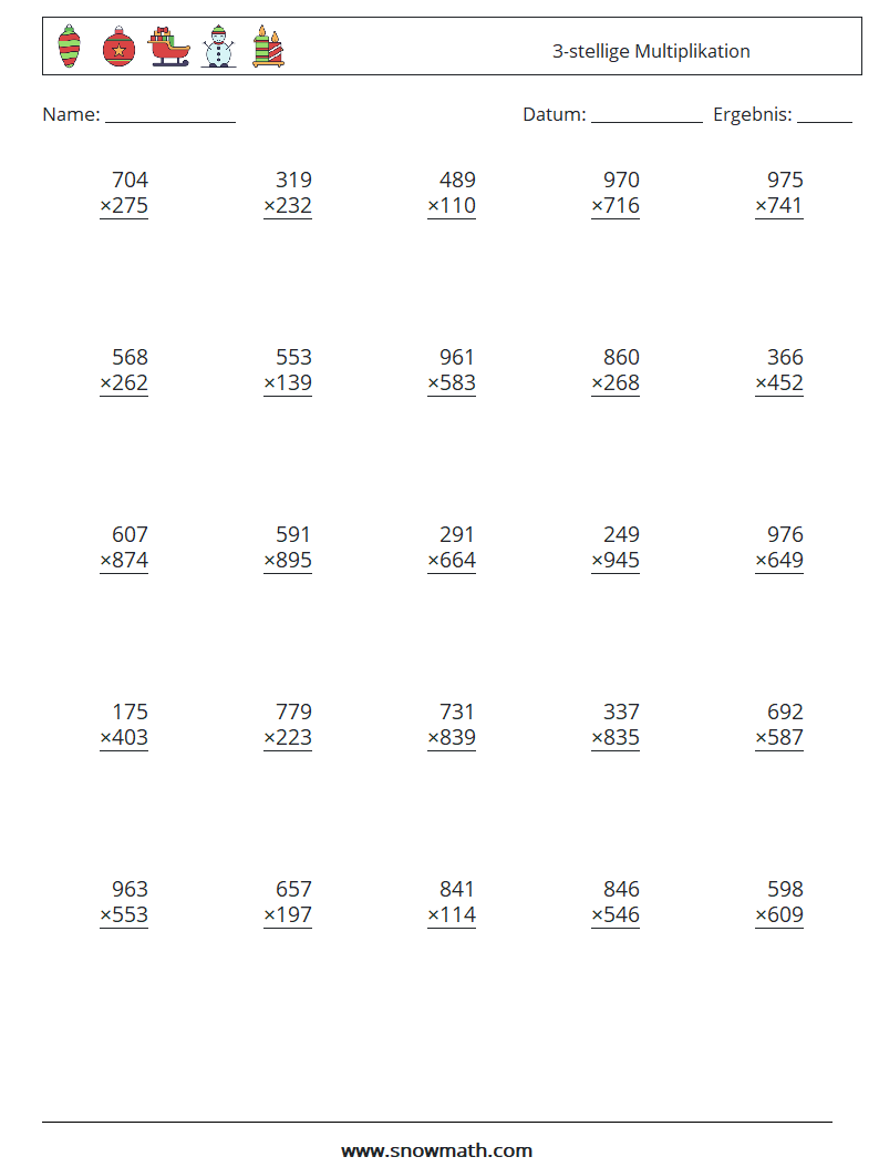 (25) 3-stellige Multiplikation Mathe-Arbeitsblätter 3