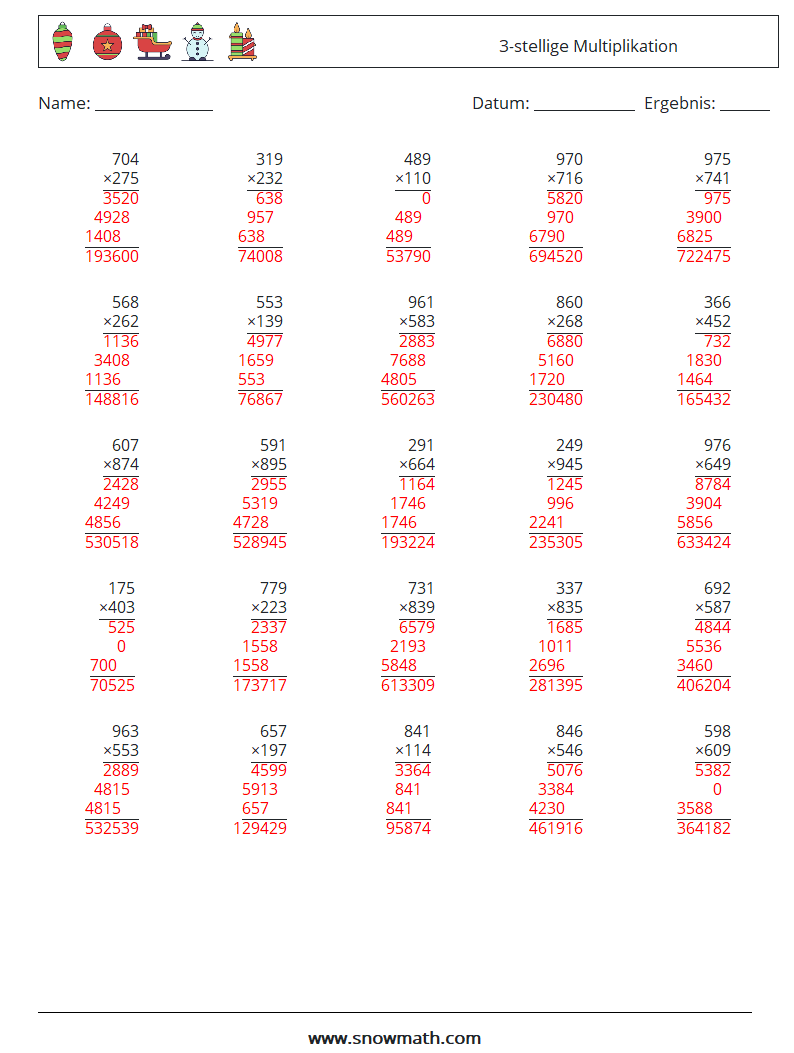 (25) 3-stellige Multiplikation Mathe-Arbeitsblätter 3 Frage, Antwort