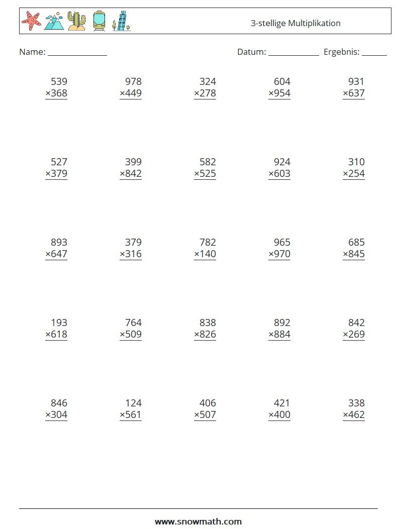 (25) 3-stellige Multiplikation Mathe-Arbeitsblätter 4