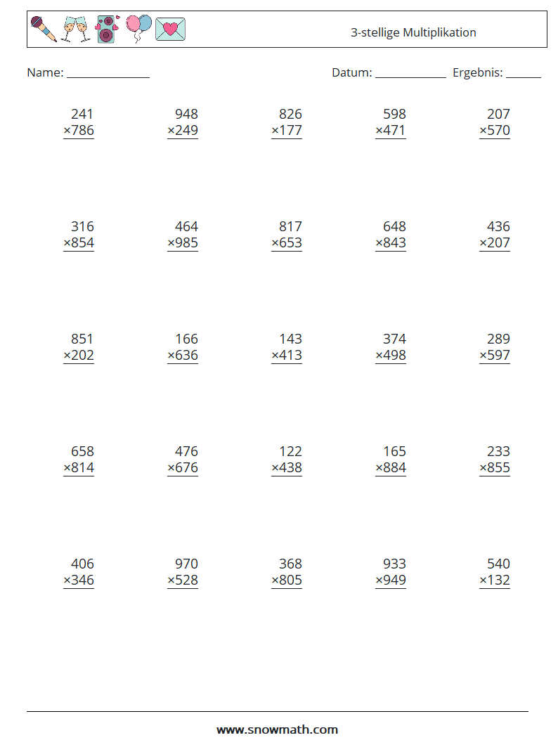 (25) 3-stellige Multiplikation Mathe-Arbeitsblätter 5
