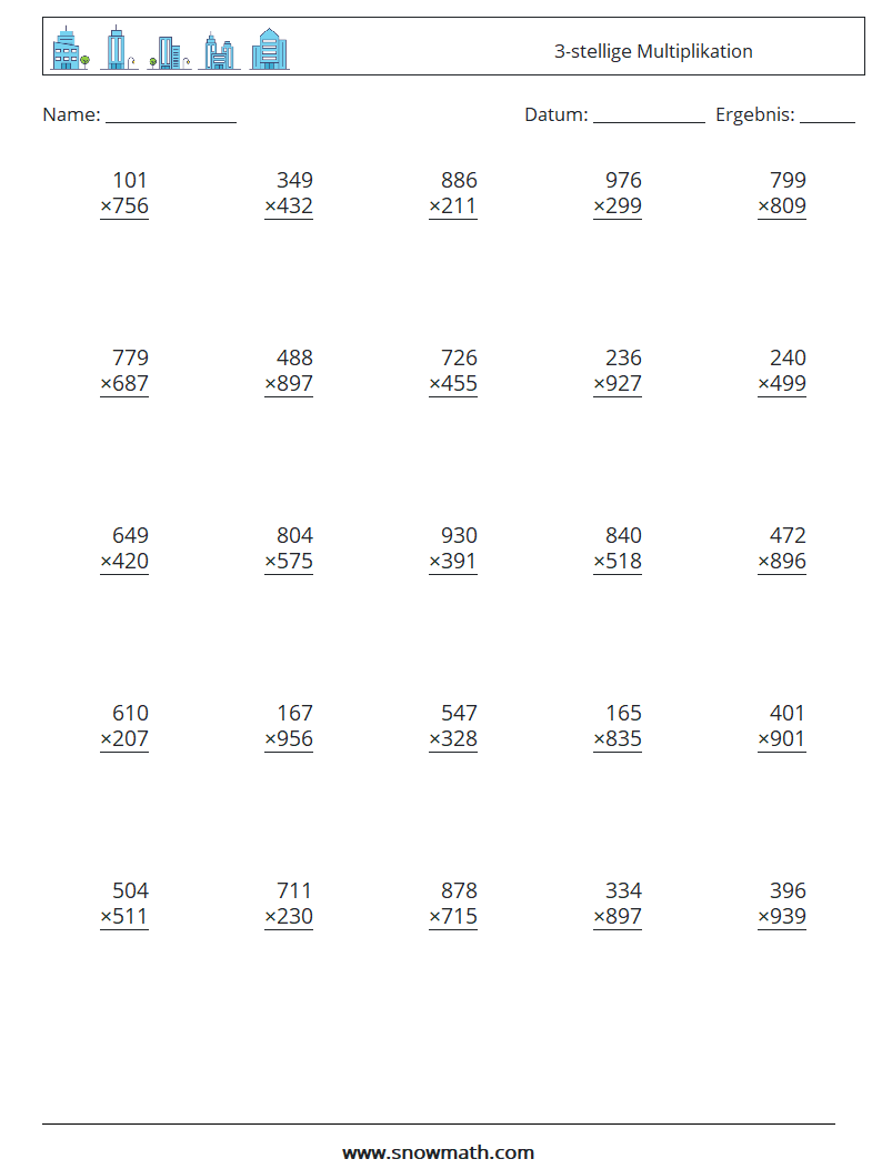 (25) 3-stellige Multiplikation Mathe-Arbeitsblätter 6
