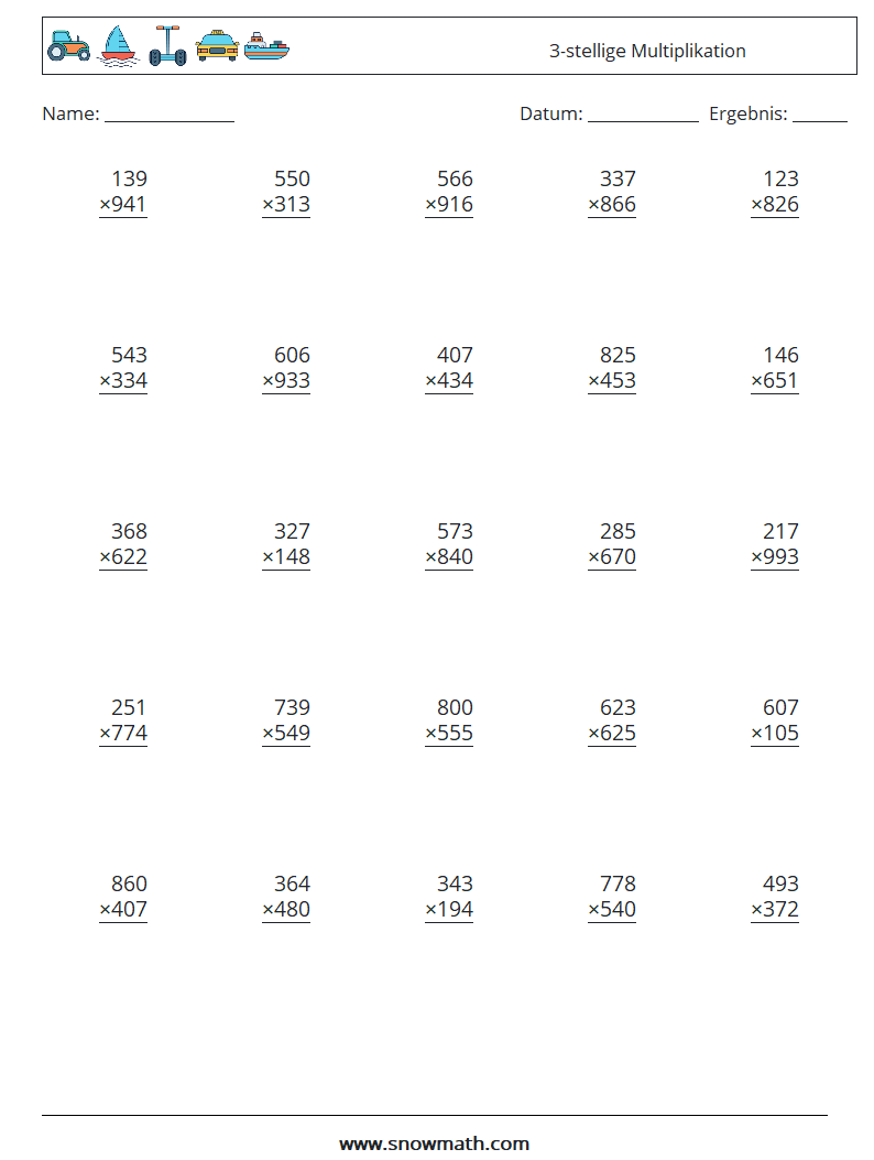 (25) 3-stellige Multiplikation Mathe-Arbeitsblätter 8