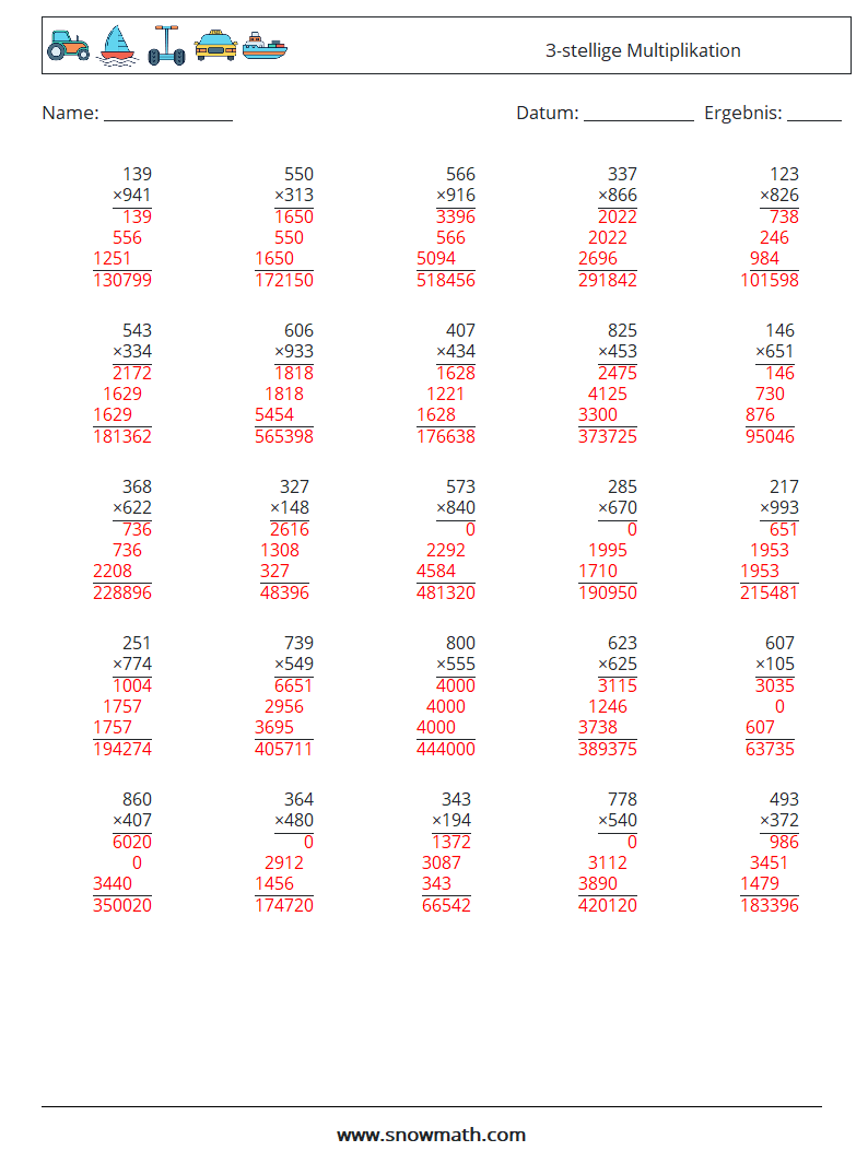 (25) 3-stellige Multiplikation Mathe-Arbeitsblätter 8 Frage, Antwort