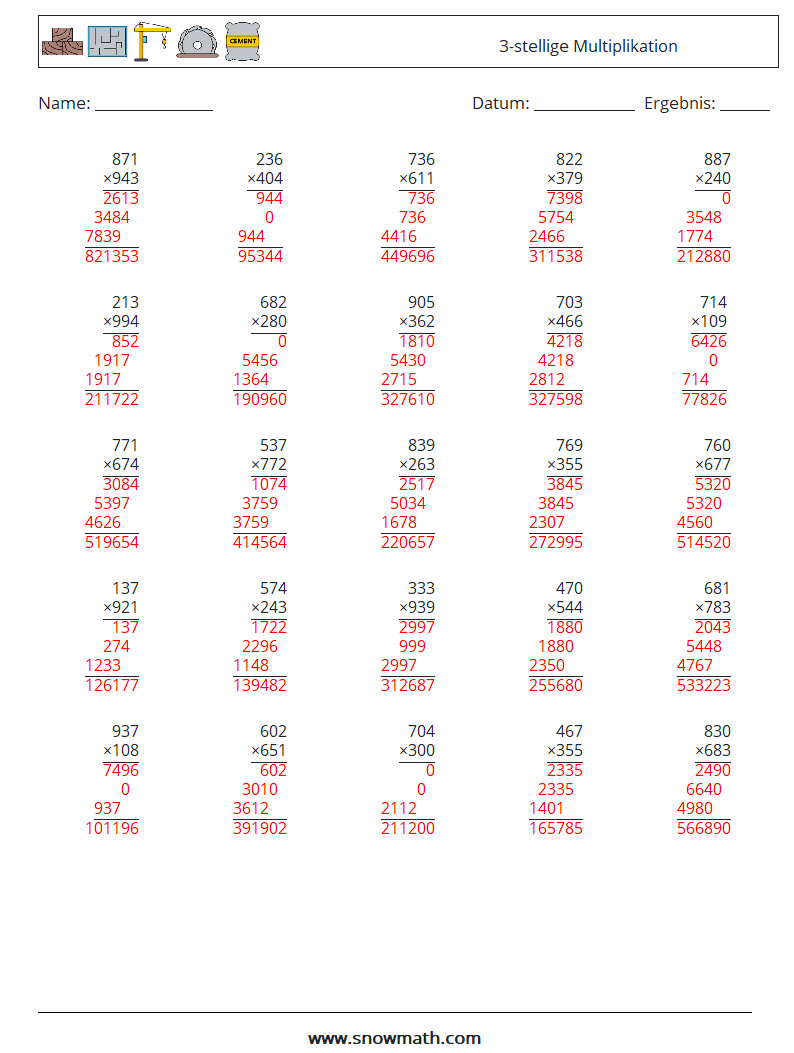 (25) 3-stellige Multiplikation Mathe-Arbeitsblätter 9 Frage, Antwort