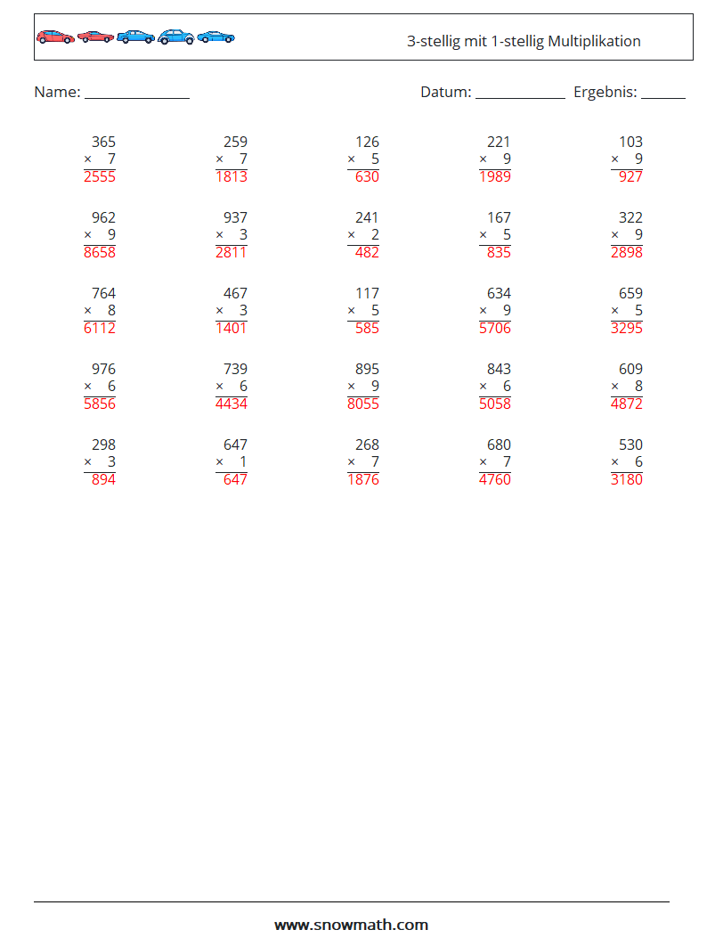 (25) 3-stellig mit 1-stellig Multiplikation Mathe-Arbeitsblätter 17 Frage, Antwort