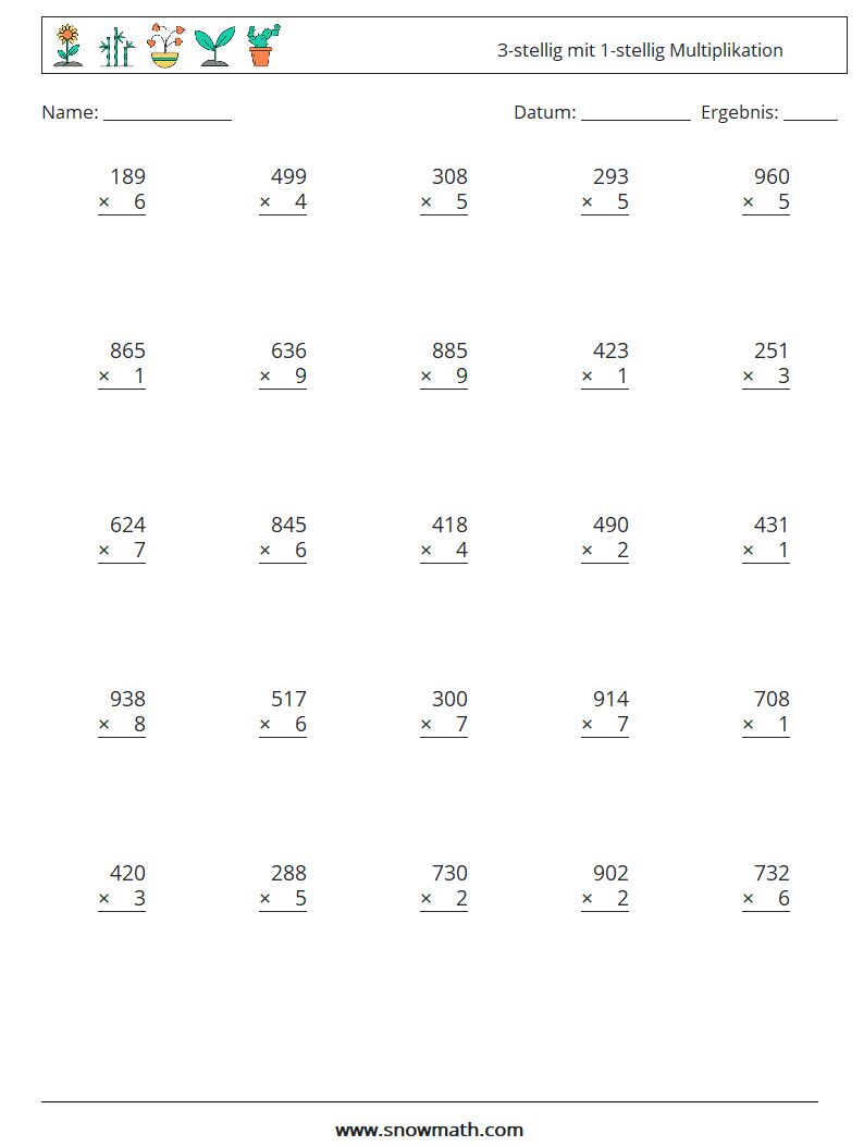 (25) 3-stellig mit 1-stellig Multiplikation Mathe-Arbeitsblätter 3