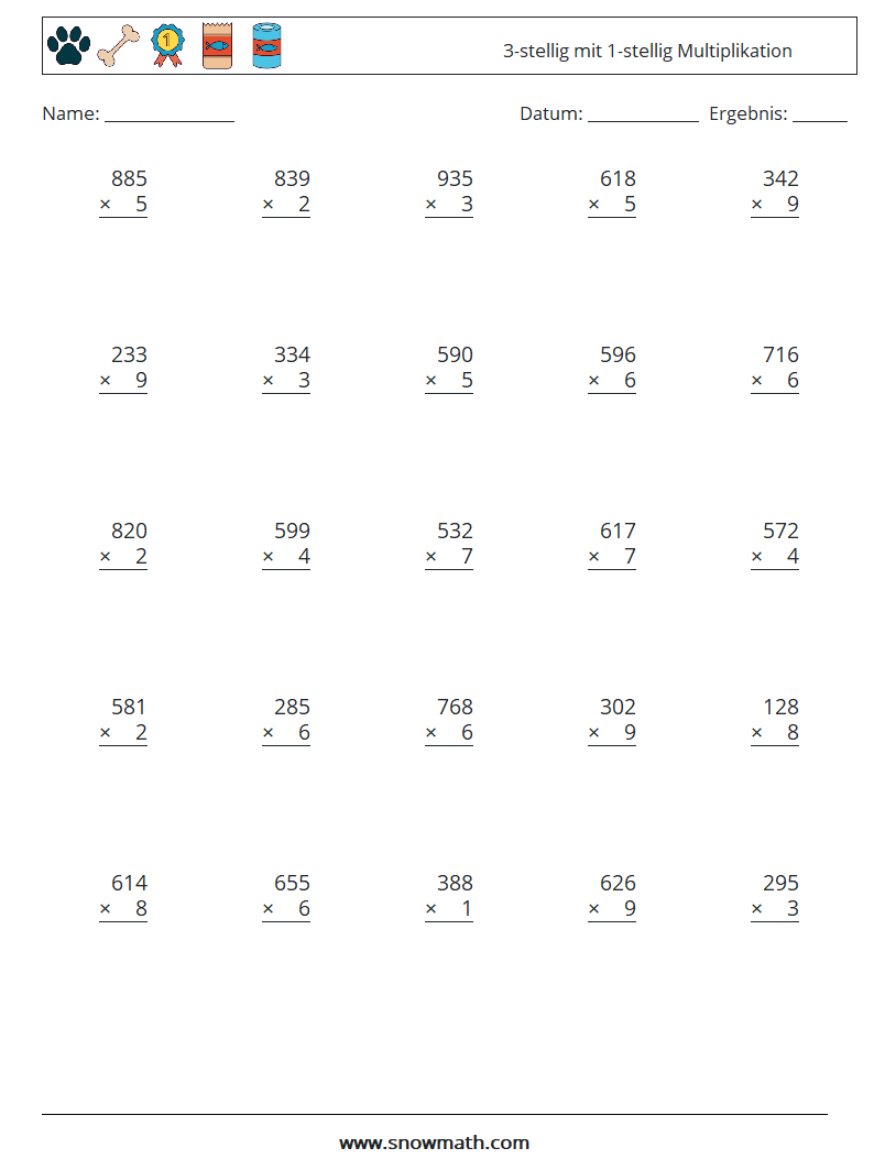 (25) 3-stellig mit 1-stellig Multiplikation Mathe-Arbeitsblätter 5