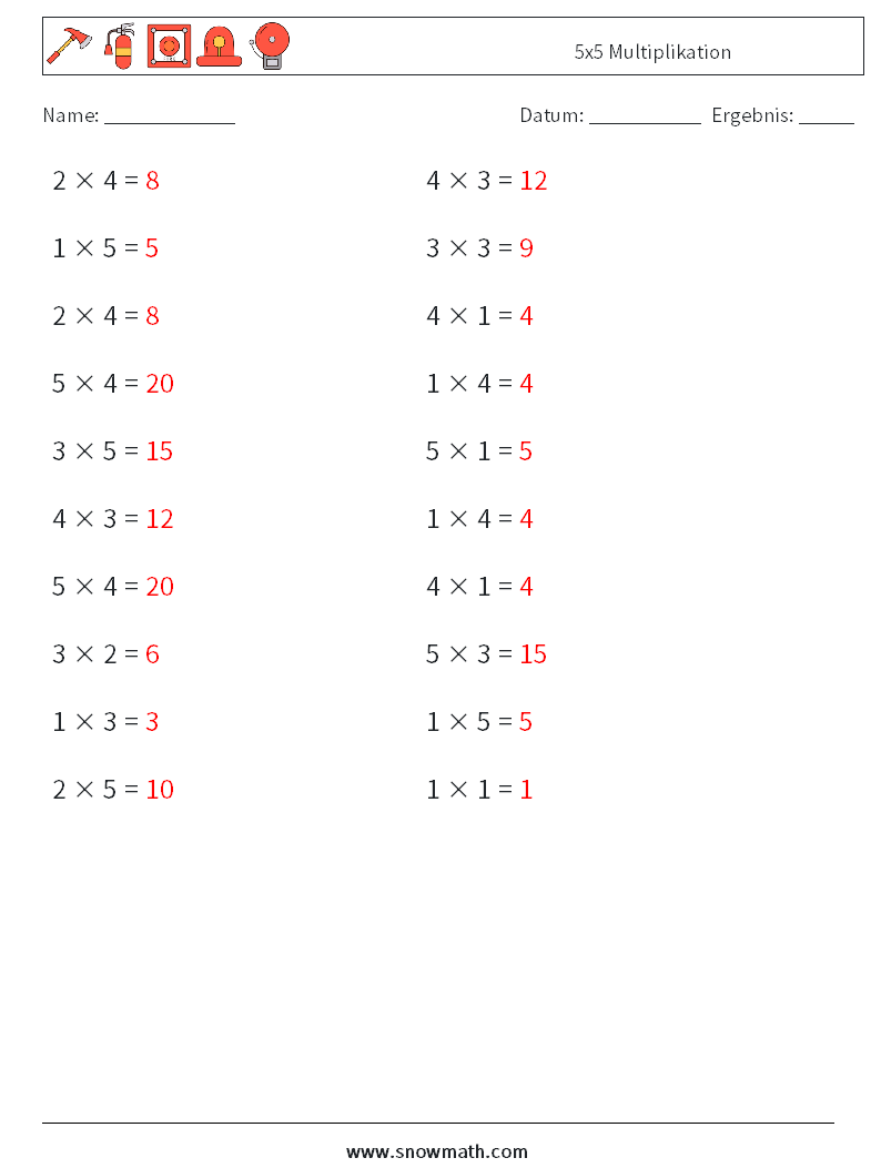 (20) 5x5 Multiplikation Mathe-Arbeitsblätter 1 Frage, Antwort