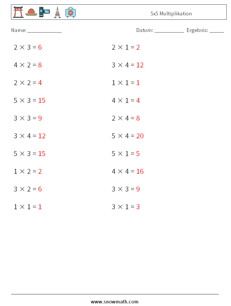 (20) 5x5 Multiplikation Mathe-Arbeitsblätter 2 Frage, Antwort