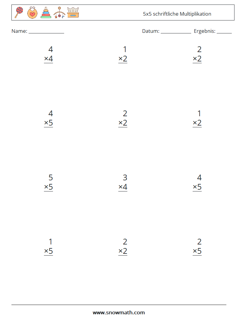 (12) 5x5 schriftliche Multiplikation Mathe-Arbeitsblätter 7