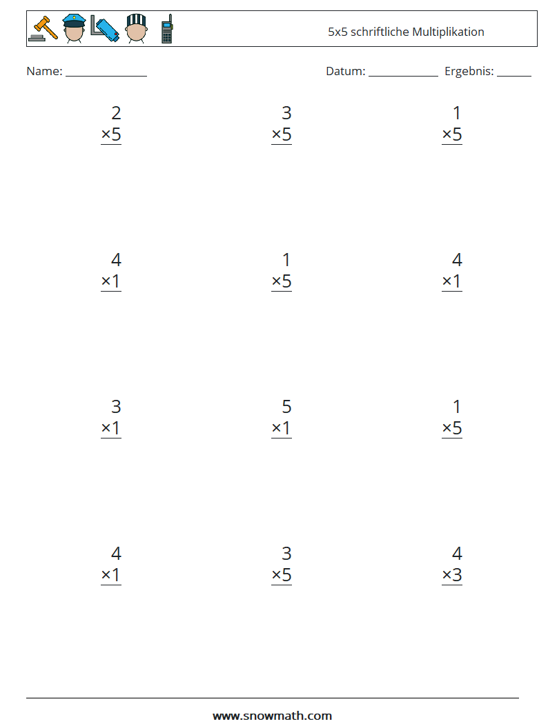 (12) 5x5 schriftliche Multiplikation Mathe-Arbeitsblätter 9