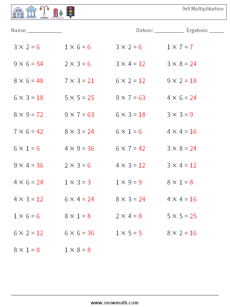(50) 9x9 Multiplikation Mathe-Arbeitsblätter 1 Frage, Antwort