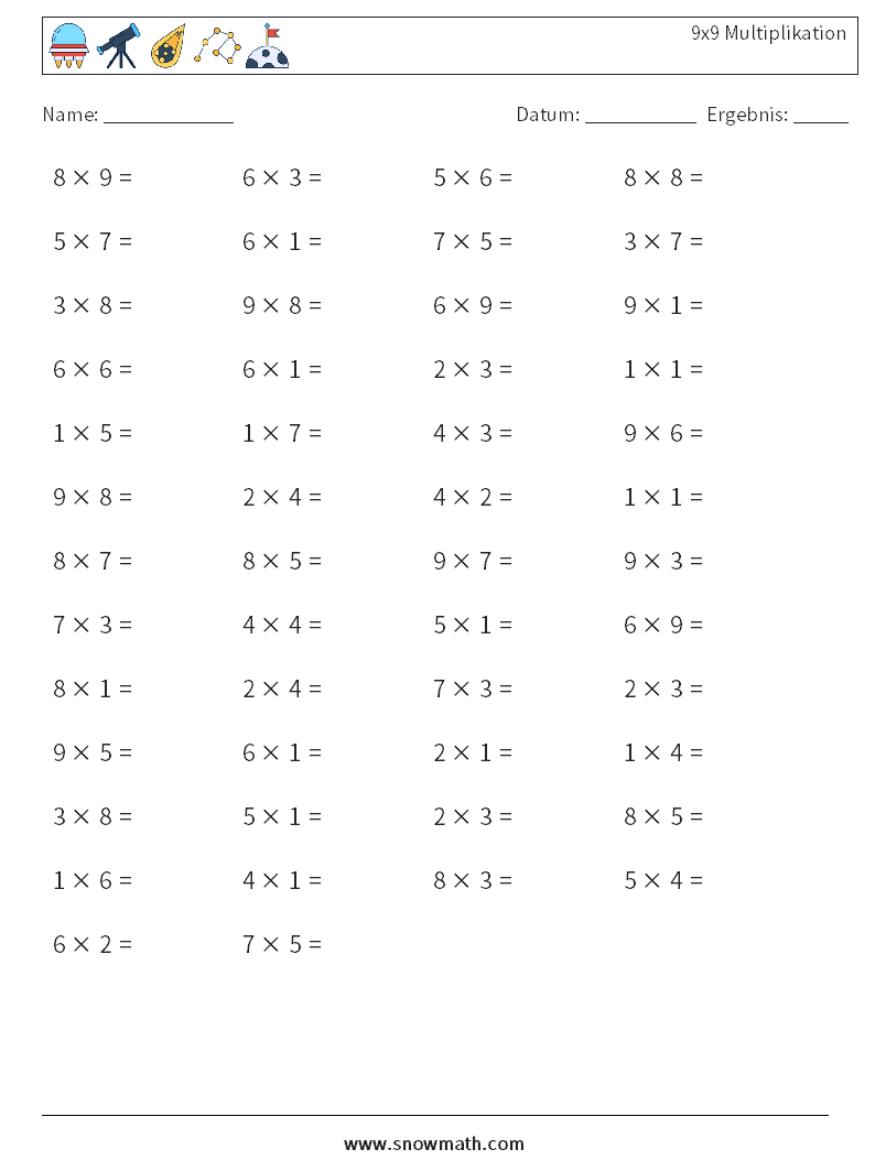 (50) 9x9 Multiplikation Mathe-Arbeitsblätter 2