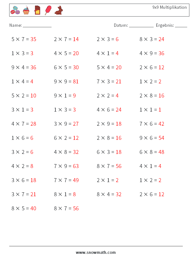 (50) 9x9 Multiplikation Mathe-Arbeitsblätter 3 Frage, Antwort