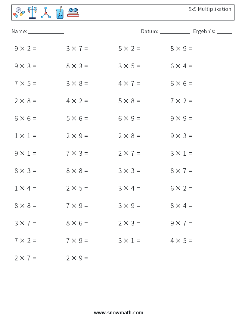 (50) 9x9 Multiplikation Mathe-Arbeitsblätter 4