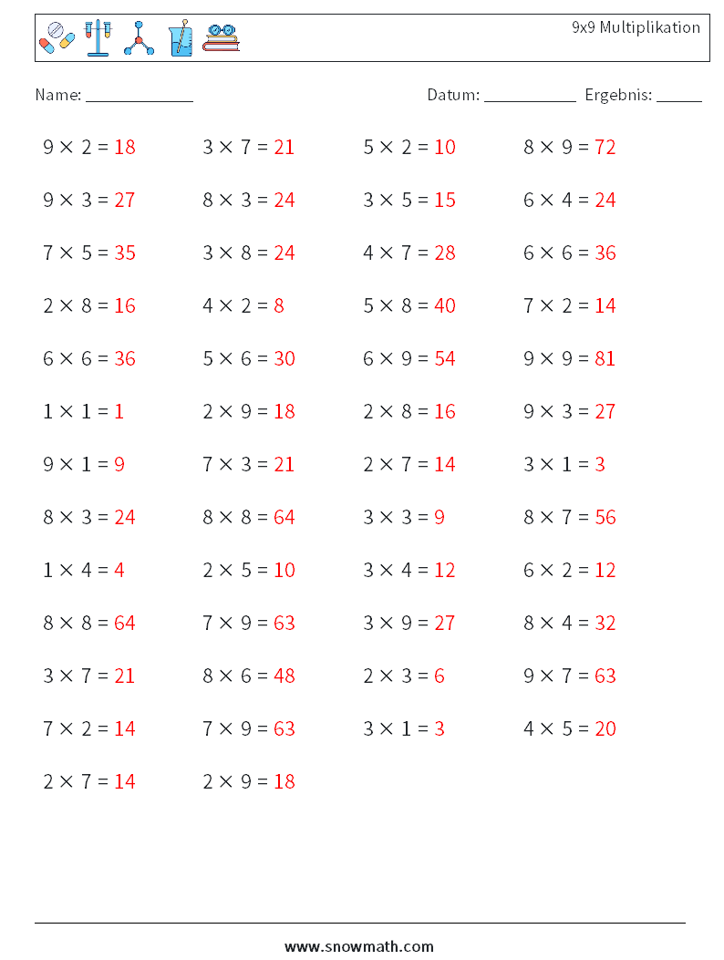 (50) 9x9 Multiplikation Mathe-Arbeitsblätter 4 Frage, Antwort