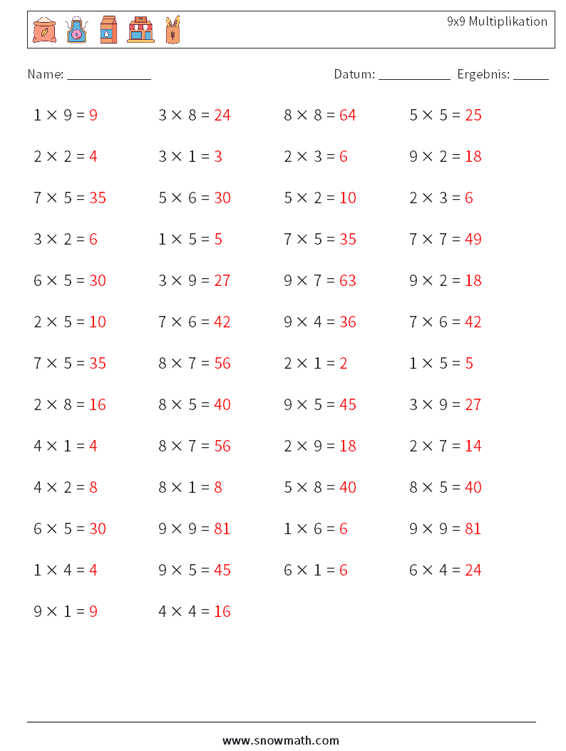 (50) 9x9 Multiplikation Mathe-Arbeitsblätter 5 Frage, Antwort
