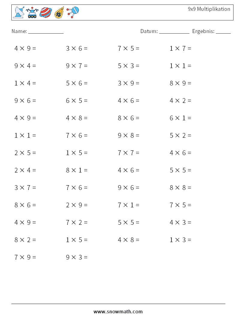 (50) 9x9 Multiplikation Mathe-Arbeitsblätter 6