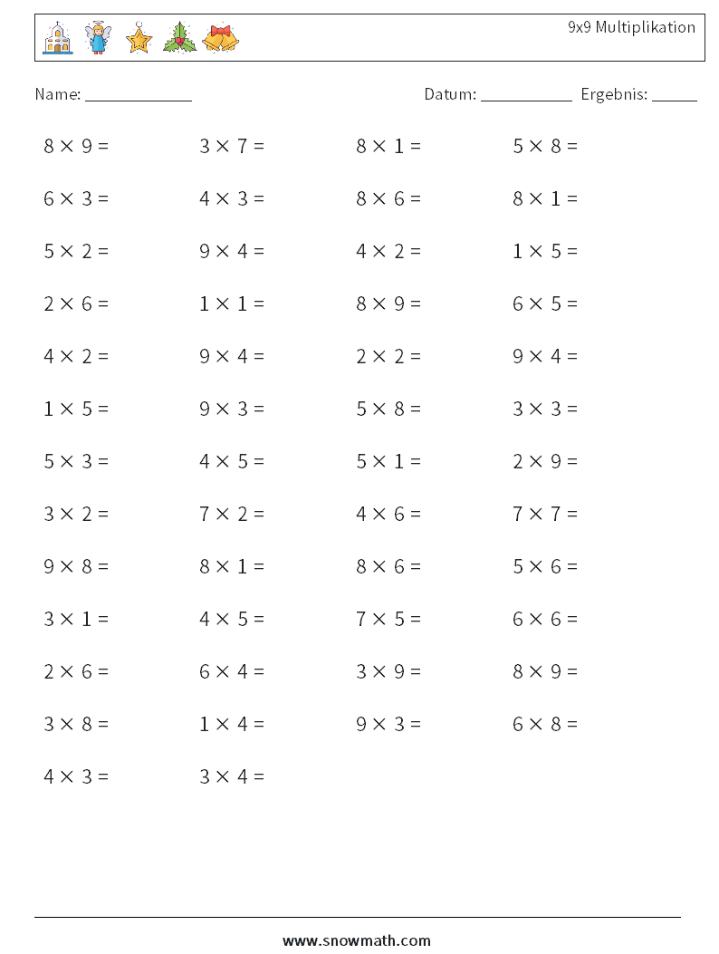 (50) 9x9 Multiplikation Mathe-Arbeitsblätter 7