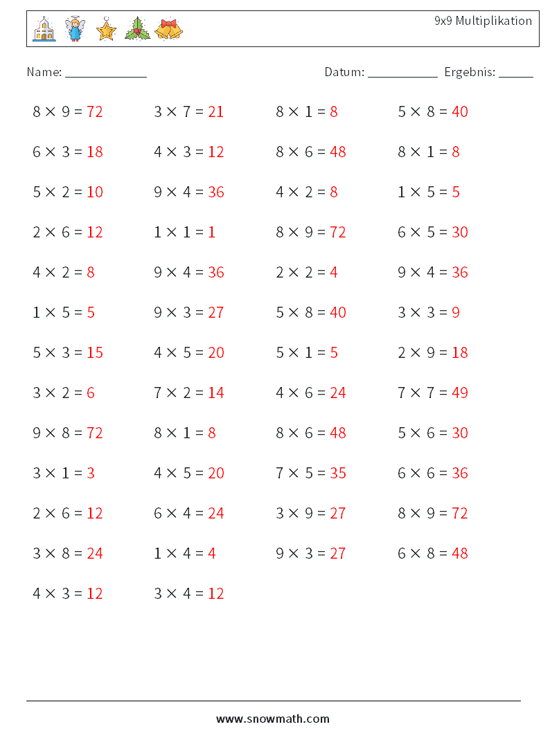 (50) 9x9 Multiplikation Mathe-Arbeitsblätter 7 Frage, Antwort