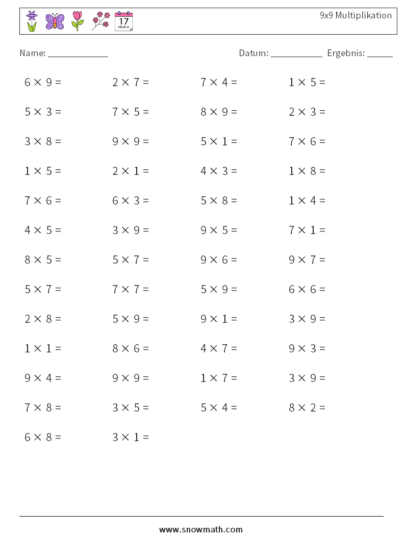 (50) 9x9 Multiplikation Mathe-Arbeitsblätter 8
