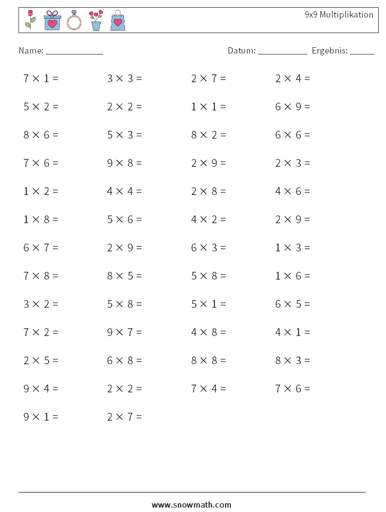 (50) 9x9 Multiplikation Mathe-Arbeitsblätter 9