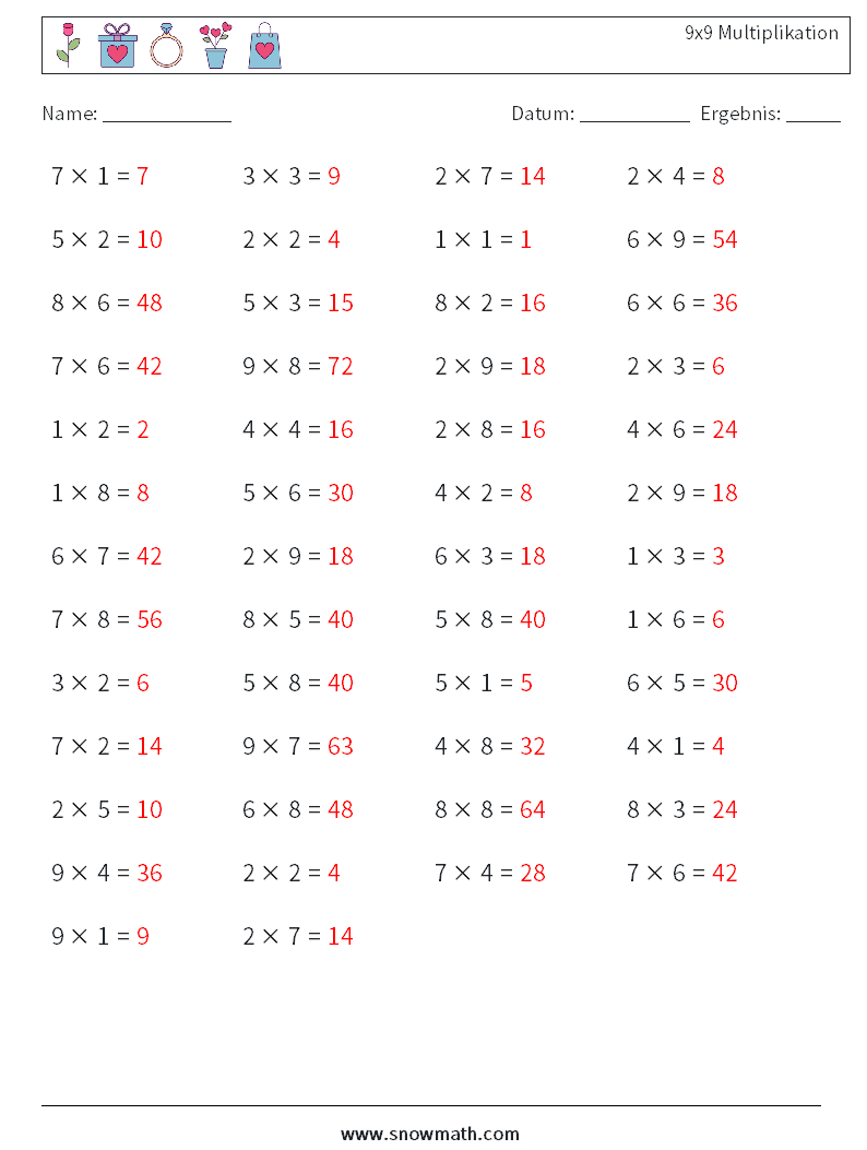 (50) 9x9 Multiplikation Mathe-Arbeitsblätter 9 Frage, Antwort
