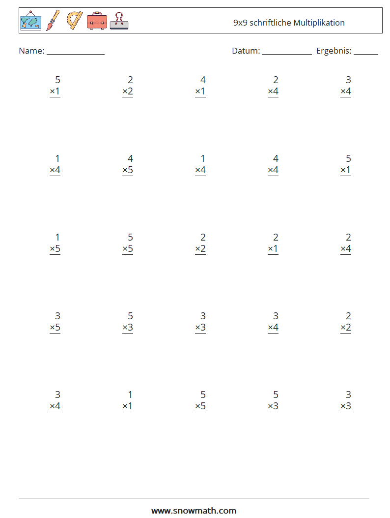 (25) 9x9 schriftliche Multiplikation Mathe-Arbeitsblätter 9