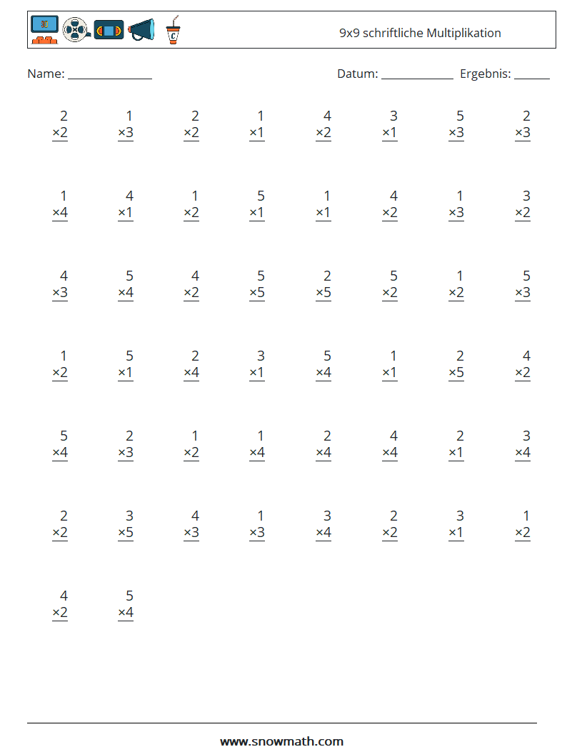 (50) 9x9 schriftliche Multiplikation Mathe-Arbeitsblätter 2