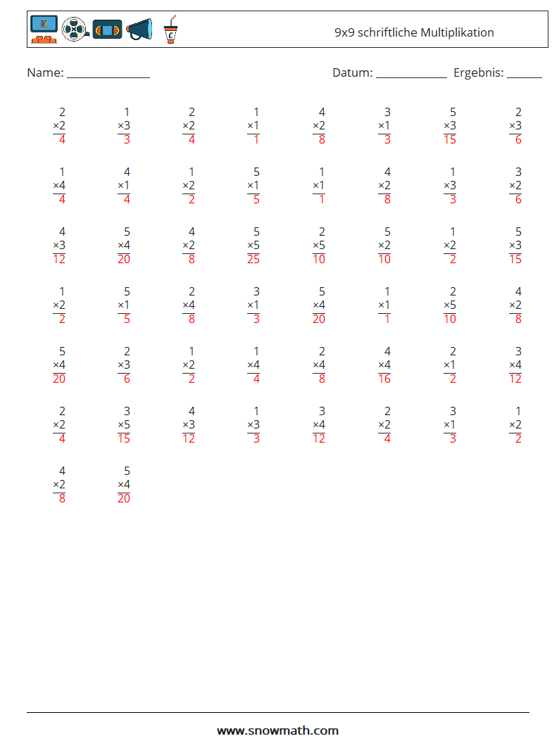 (50) 9x9 schriftliche Multiplikation Mathe-Arbeitsblätter 2 Frage, Antwort