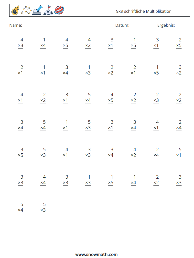 (50) 9x9 schriftliche Multiplikation Mathe-Arbeitsblätter 3