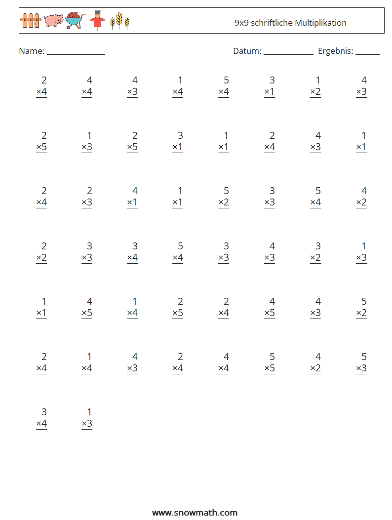 (50) 9x9 schriftliche Multiplikation Mathe-Arbeitsblätter 4
