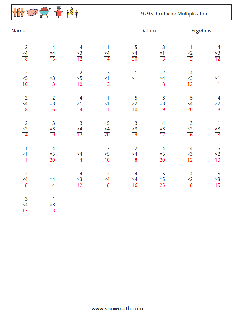 (50) 9x9 schriftliche Multiplikation Mathe-Arbeitsblätter 4 Frage, Antwort