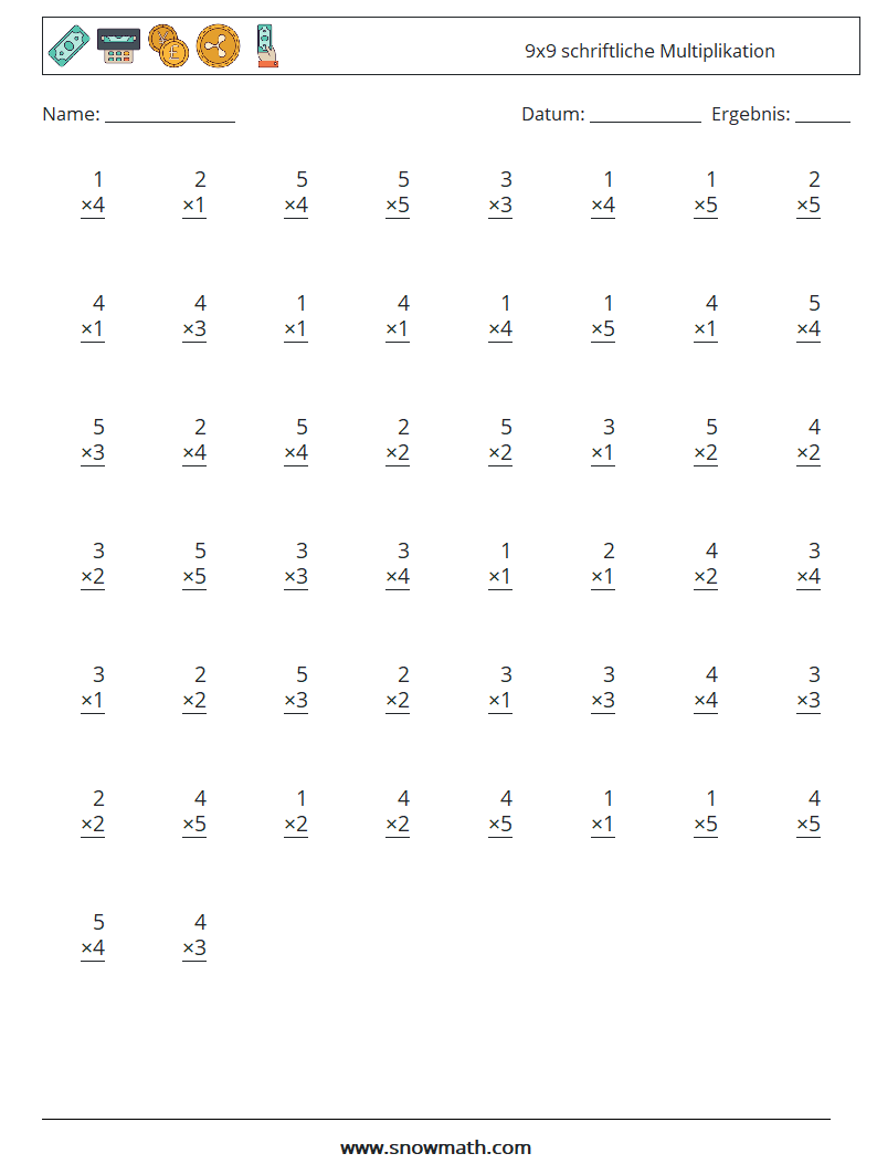 (50) 9x9 schriftliche Multiplikation Mathe-Arbeitsblätter 6