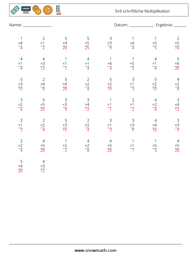 (50) 9x9 schriftliche Multiplikation Mathe-Arbeitsblätter 6 Frage, Antwort