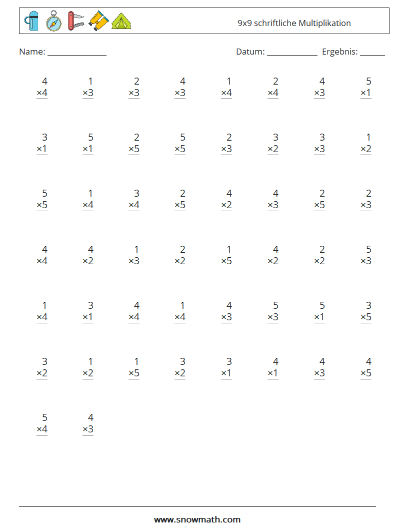 (50) 9x9 schriftliche Multiplikation Mathe-Arbeitsblätter 9