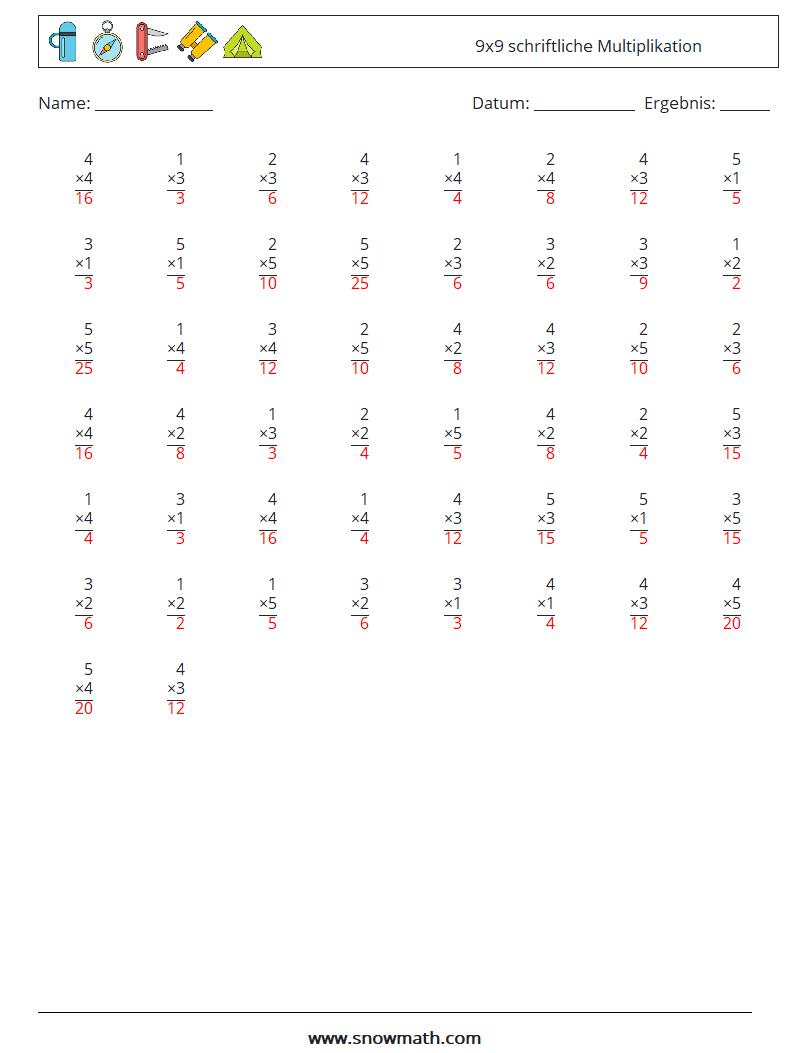(50) 9x9 schriftliche Multiplikation Mathe-Arbeitsblätter 9 Frage, Antwort