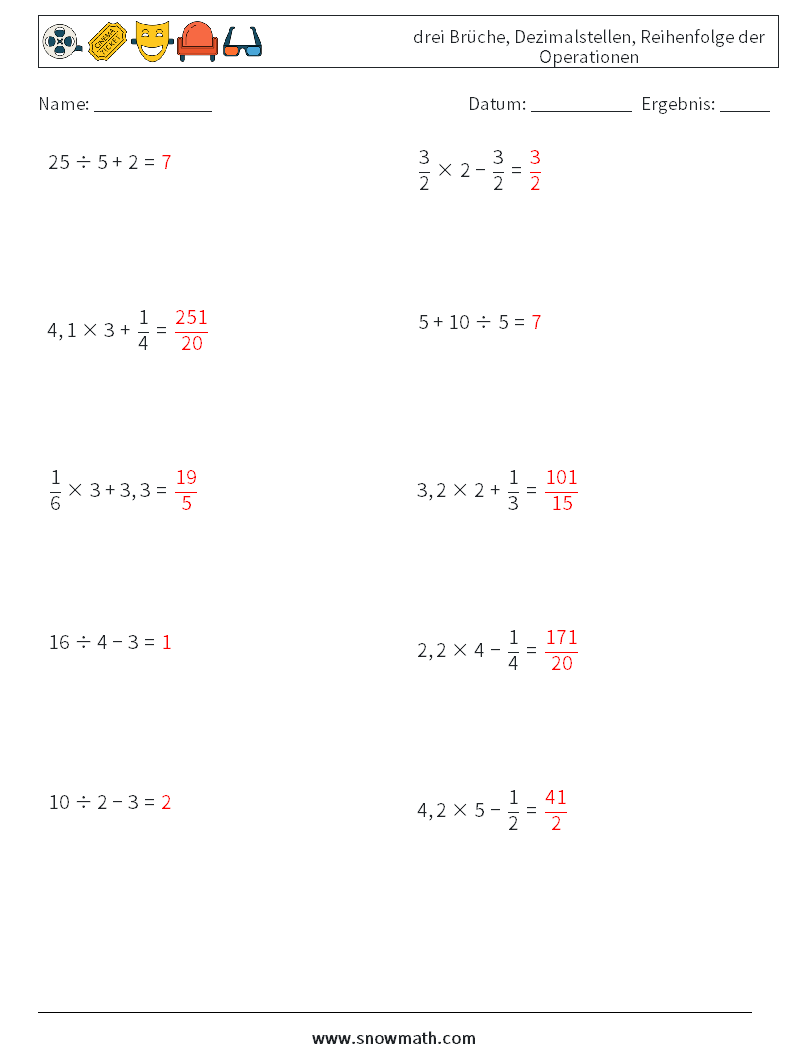 (10) drei Brüche, Dezimalstellen, Reihenfolge der Operationen Mathe-Arbeitsblätter 14 Frage, Antwort