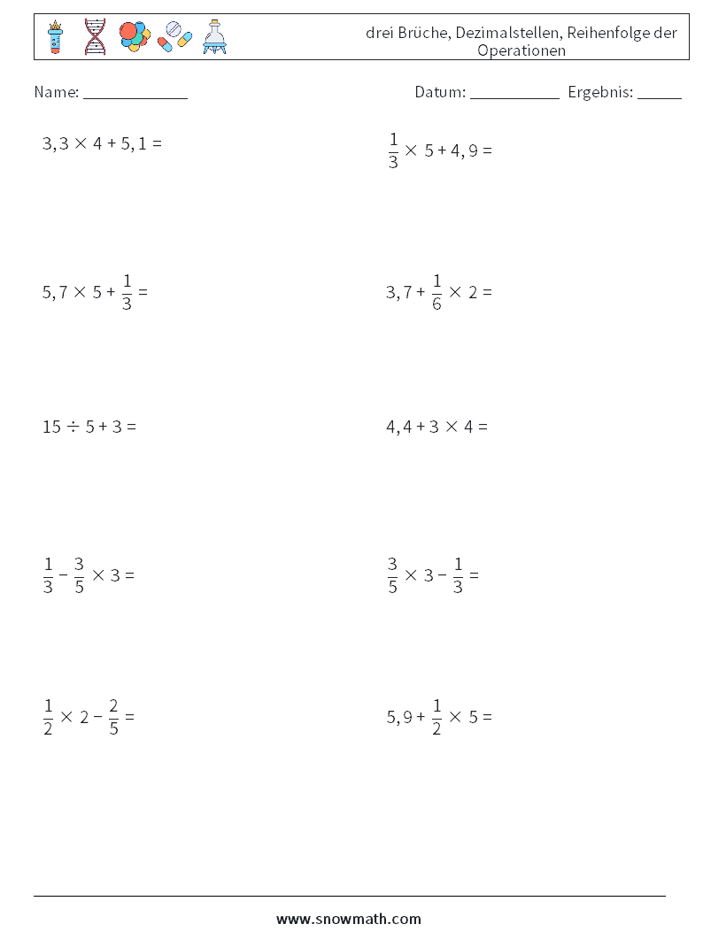 (10) drei Brüche, Dezimalstellen, Reihenfolge der Operationen Mathe-Arbeitsblätter 2