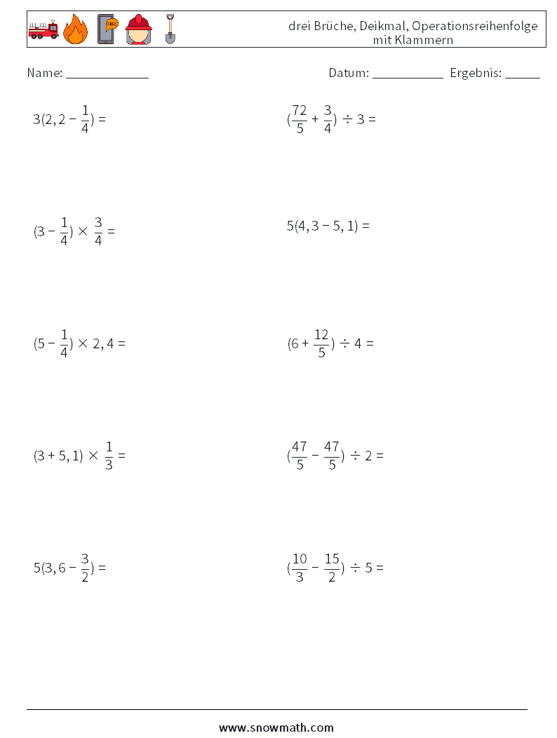(10) drei Brüche, Deikmal, Operationsreihenfolge mit Klammern Mathe-Arbeitsblätter 17