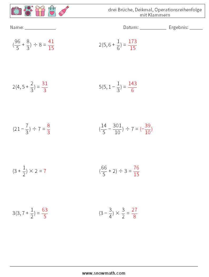 (10) drei Brüche, Deikmal, Operationsreihenfolge mit Klammern Mathe-Arbeitsblätter 3 Frage, Antwort