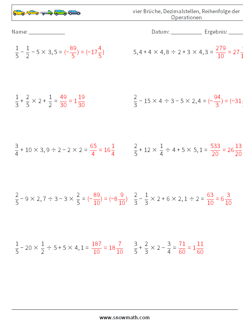 (10) vier Brüche, Dezimalstellen, Reihenfolge der Operationen Mathe-Arbeitsblätter 13 Frage, Antwort