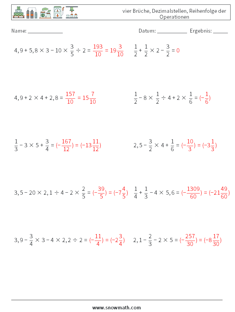 (10) vier Brüche, Dezimalstellen, Reihenfolge der Operationen Mathe-Arbeitsblätter 15 Frage, Antwort