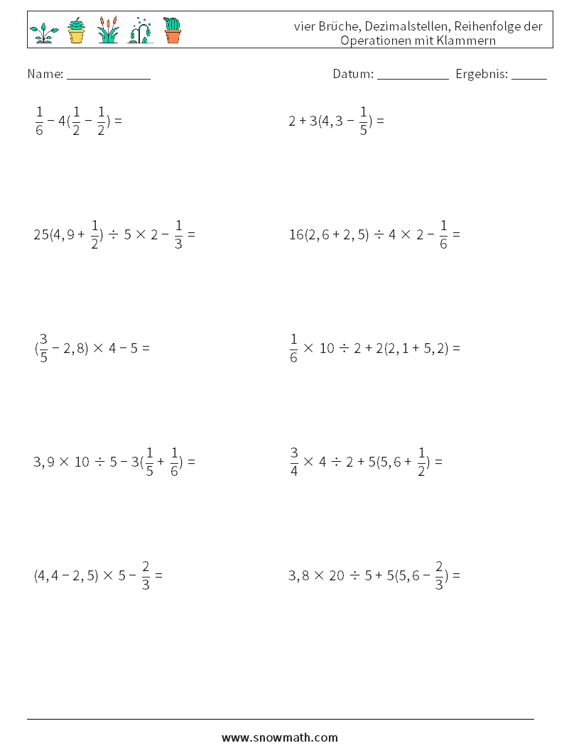 (10) vier Brüche, Dezimalstellen, Reihenfolge der Operationen mit Klammern Mathe-Arbeitsblätter 11