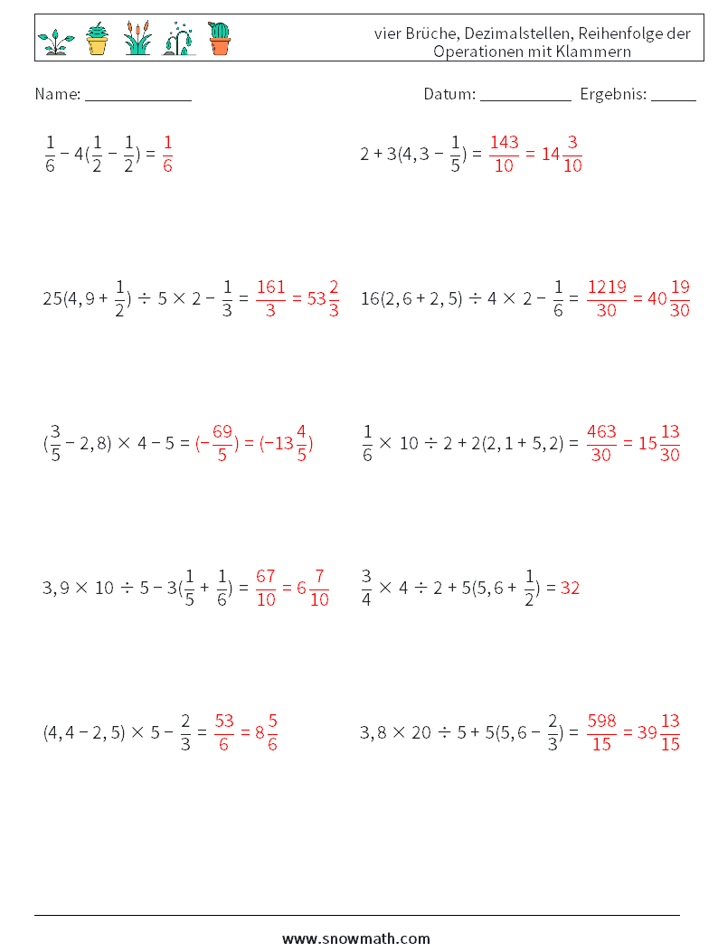 (10) vier Brüche, Dezimalstellen, Reihenfolge der Operationen mit Klammern Mathe-Arbeitsblätter 11 Frage, Antwort