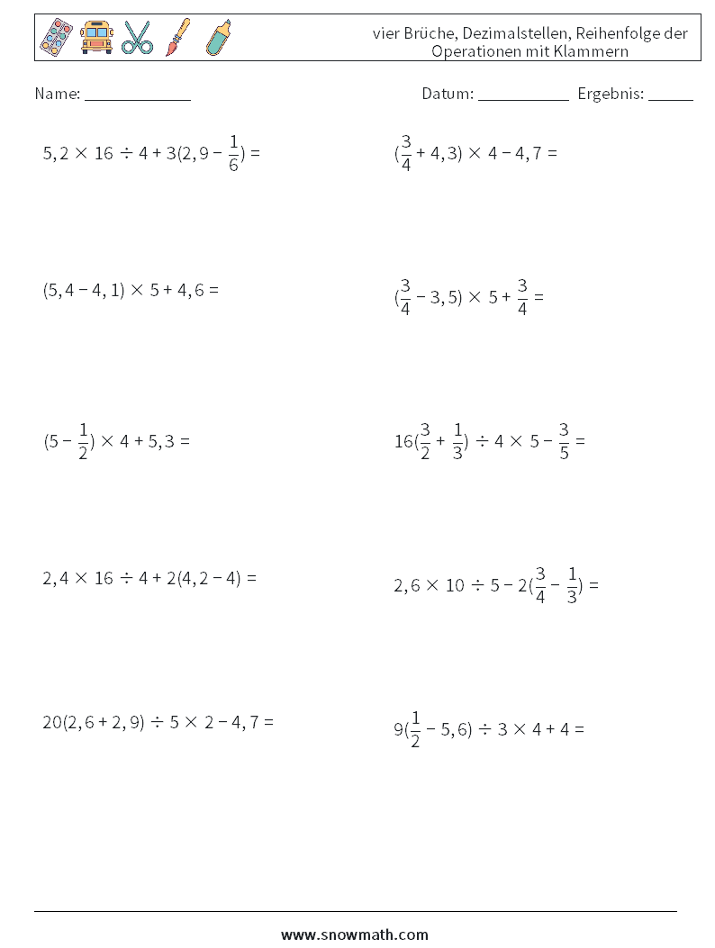 (10) vier Brüche, Dezimalstellen, Reihenfolge der Operationen mit Klammern Mathe-Arbeitsblätter 14