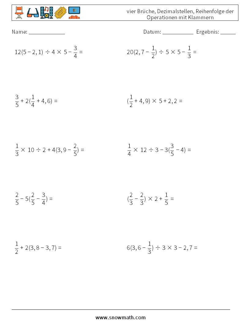 (10) vier Brüche, Dezimalstellen, Reihenfolge der Operationen mit Klammern Mathe-Arbeitsblätter 15